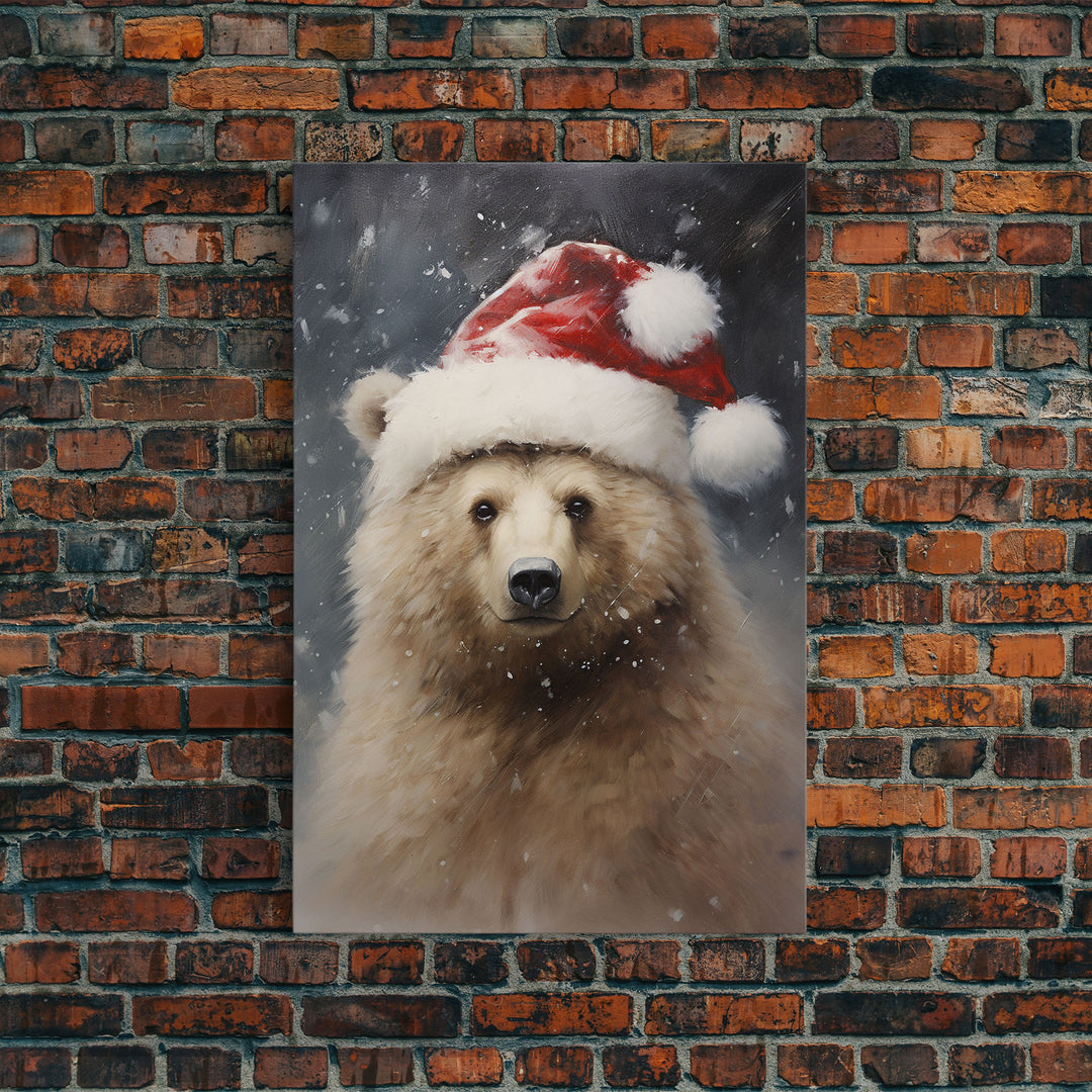 Cute Christmas Bear In A Santa Hat, Christmas Art, Christmas Decor, Christmas Wall Art, Christmas Painting, Vintage Christmas