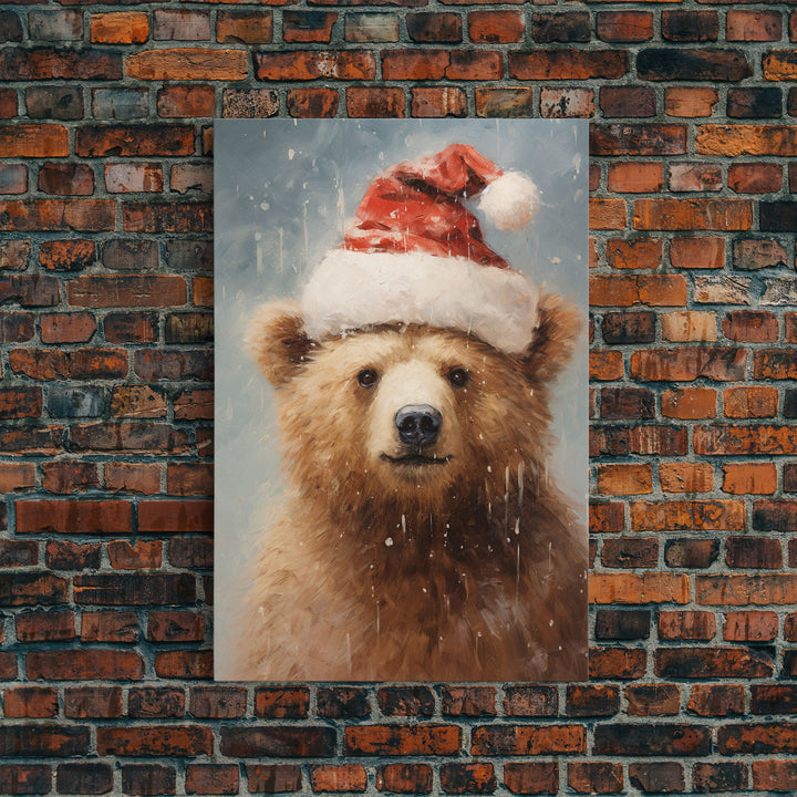 Cute Christmas Bear In A Santa Hat, Framed Canvas Print, Christmas Art, Christmas Decor, Christmas Art Print, Christmas Wall Art