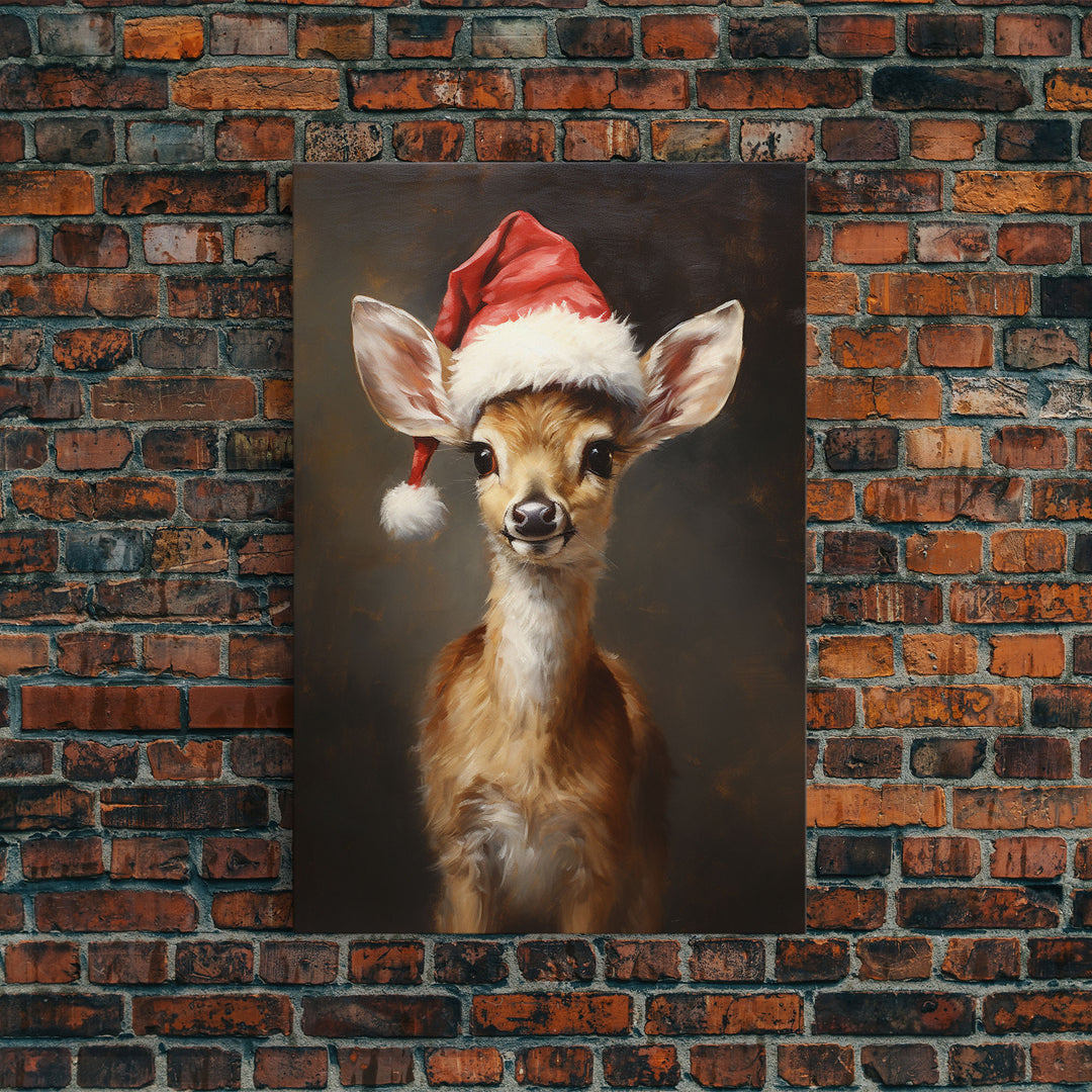 Cute Deer Wearing A Santa Hat, Christmas Decor, Woodland Animals, Christmas Wall Art, Winter Decor, Holiday Decor, Seasonal Decor