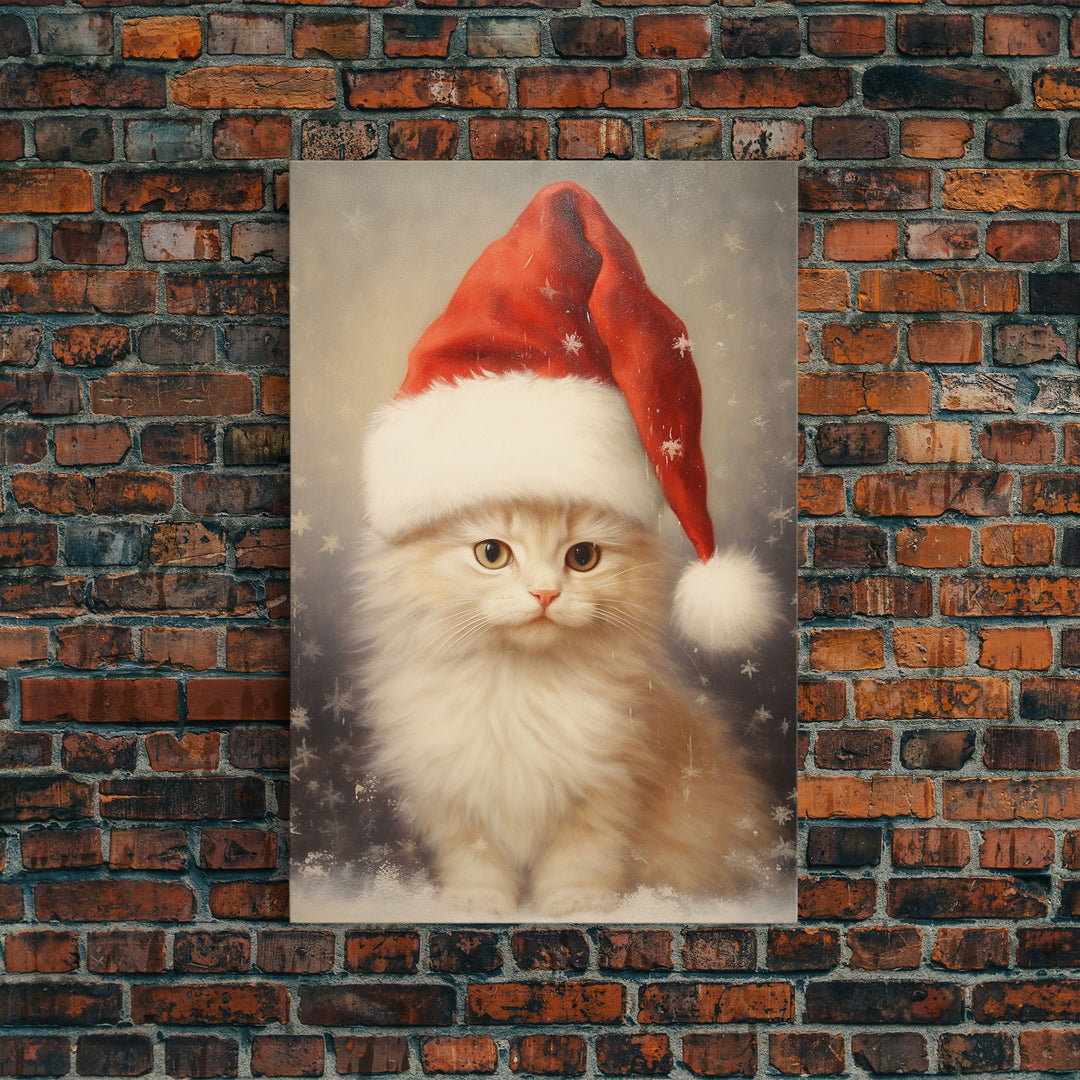 Cute White Kitten In A Christmas Hat, Farmhouse Christmas, Farmhouse Decor, Framed Canvas Print Seasonal Wall Art Winter Decor Christmas Art