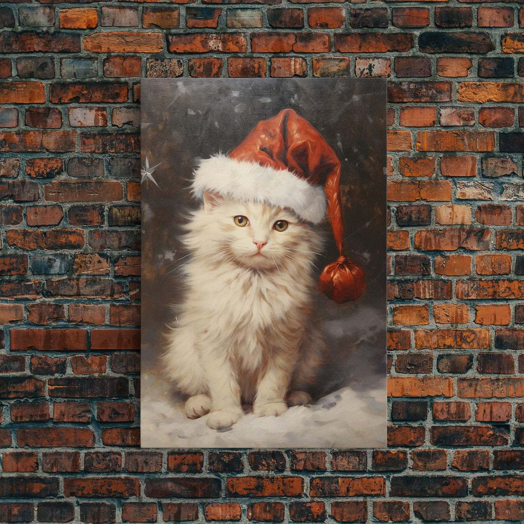 Christmas Cat In A Christmas Hat, Farmhouse Christmas, Farmhouse Decor, Framed Canvas Print, Seasonal Wall Art, Winter Decor, Christmas Art