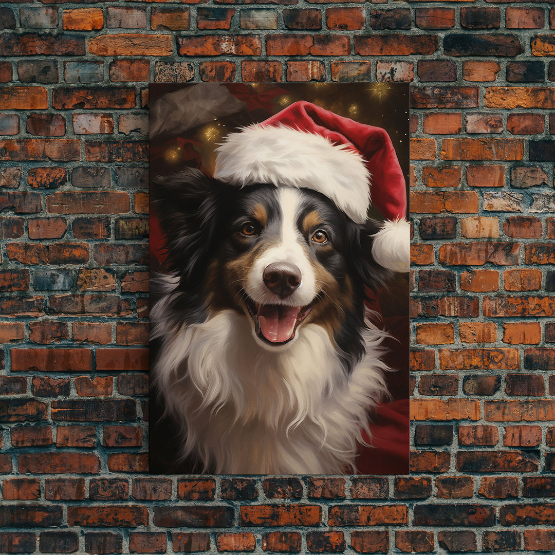 Cute Border Collie In A Santa Hat, Framed Canvas Print, Christmas Decor, Holiday Decor, Seasonal Wall Decor, Farmhouse Christmas