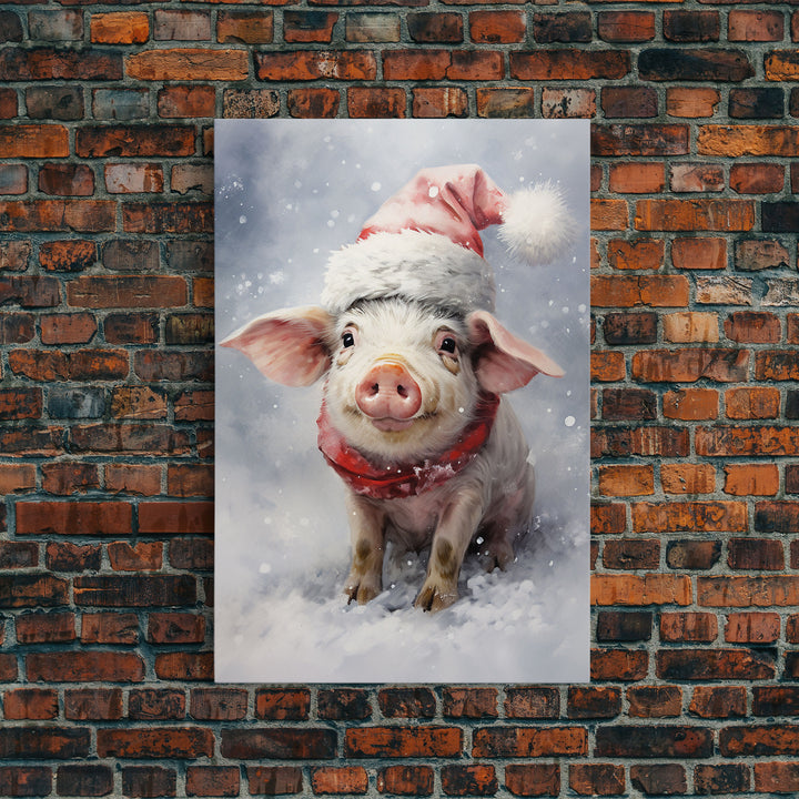 Cute Christmas Pig In A Santa Hat, Christmas Art, Christmas Decor, Christmas Wall Art, Farmhouse Christmas, Vintage Christmas, Pig Print