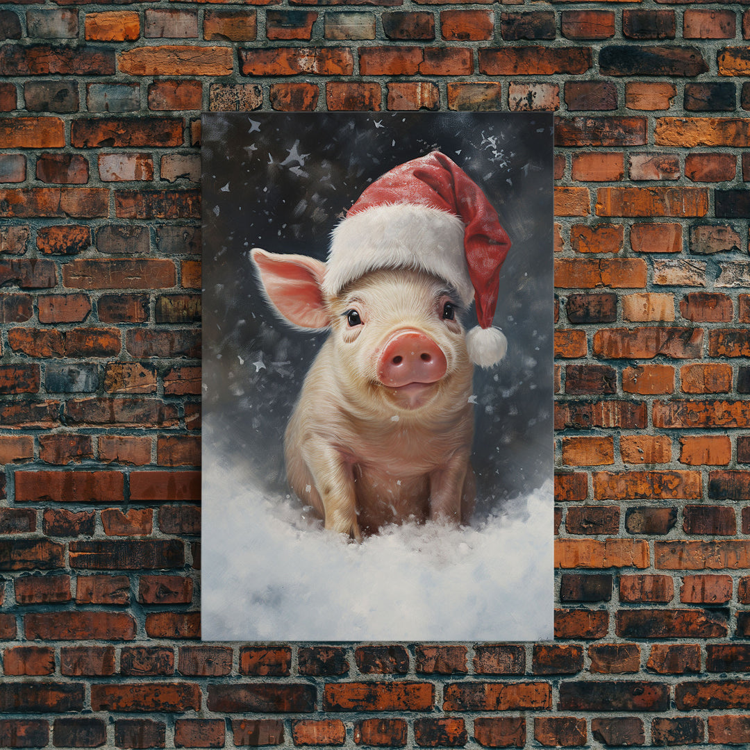 Cute Christmas Pig In A Santa Hat, Christmas Art, Christmas Decor, Christmas Wall Art, Farmhouse Christmas, Vintage Christmas, Pig Print