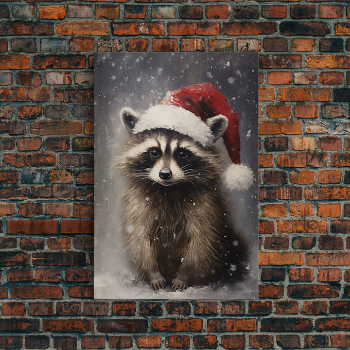 Cute Christmas Raccoon In A Santa Hat, Christmas Art, Christmas Decor, Christmas Wall Art, Farmhouse Christmas, Vintage Christmas Raccoon