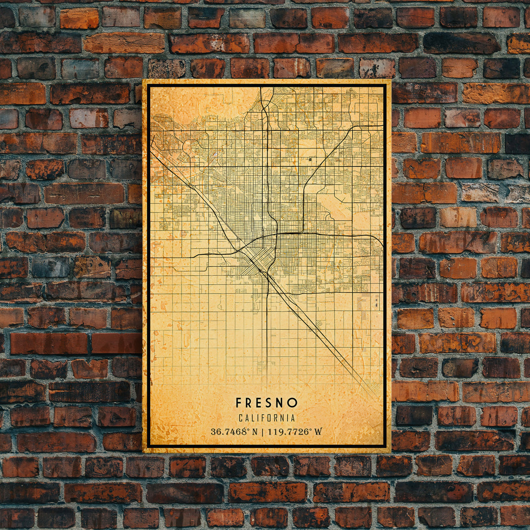 Distressed Fresno California Map, Framed Canvas Print Or Poster, California Map Print, Freso City Wall Art Map Print, Rustic Map Art