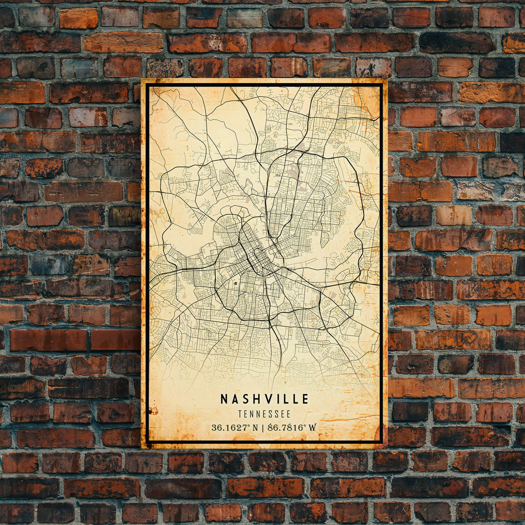 Nashville Map Print, Framed Canvas Wall Art, Tennessee Street Map Art, Davidson City Street Road Map Wall Decor