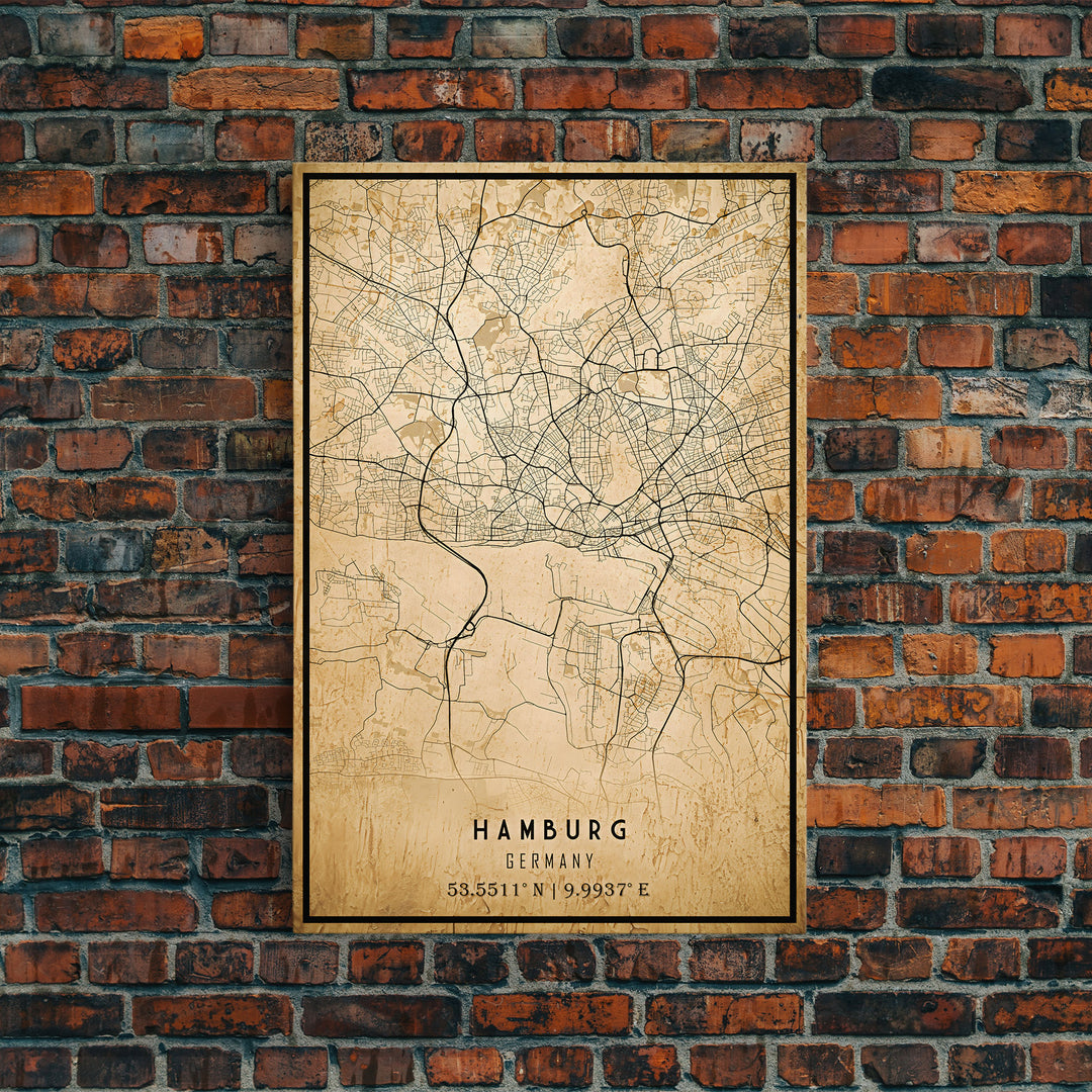 Old Hamburg Germany City Map Wall Art Canvas Print, Vintage Style Hamburg Map, Framed Wall Art, Cool Hamburg Wall Art, Office Art