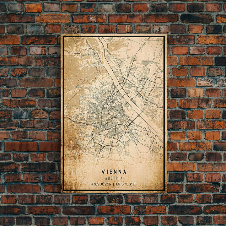 Vintage Vienna City Map Wall Art Canvas Print, Distressed Style Vienna Austria Map, Framed Wall Art, Cool Vienna Travel Wall Art, Office Art