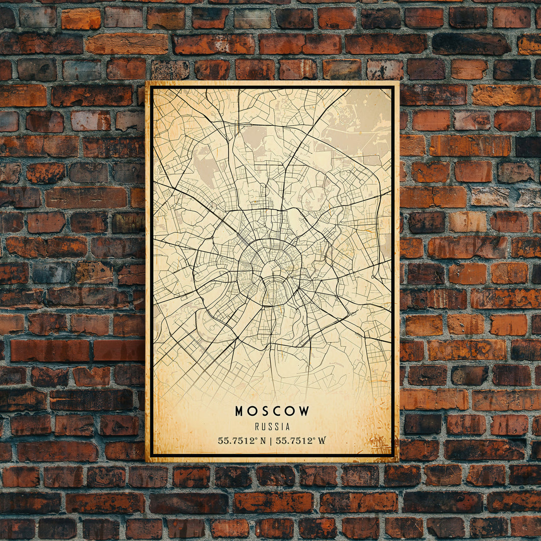 Vintage Style Moscow City Map Wall Art Canvas Print, Distressed Moscow Russia Map, Framed Wall Art, Cool Moscow Travel Wall Art, Office Art