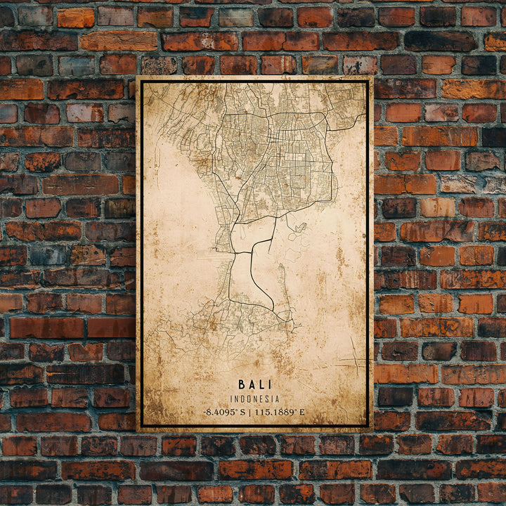 Vintage Bali Indonesia City Map Wall Art Canvas Print, Distressed Style Bali Map, Framed Wall Art, Cool Bali Travel Wall Art, Office Art