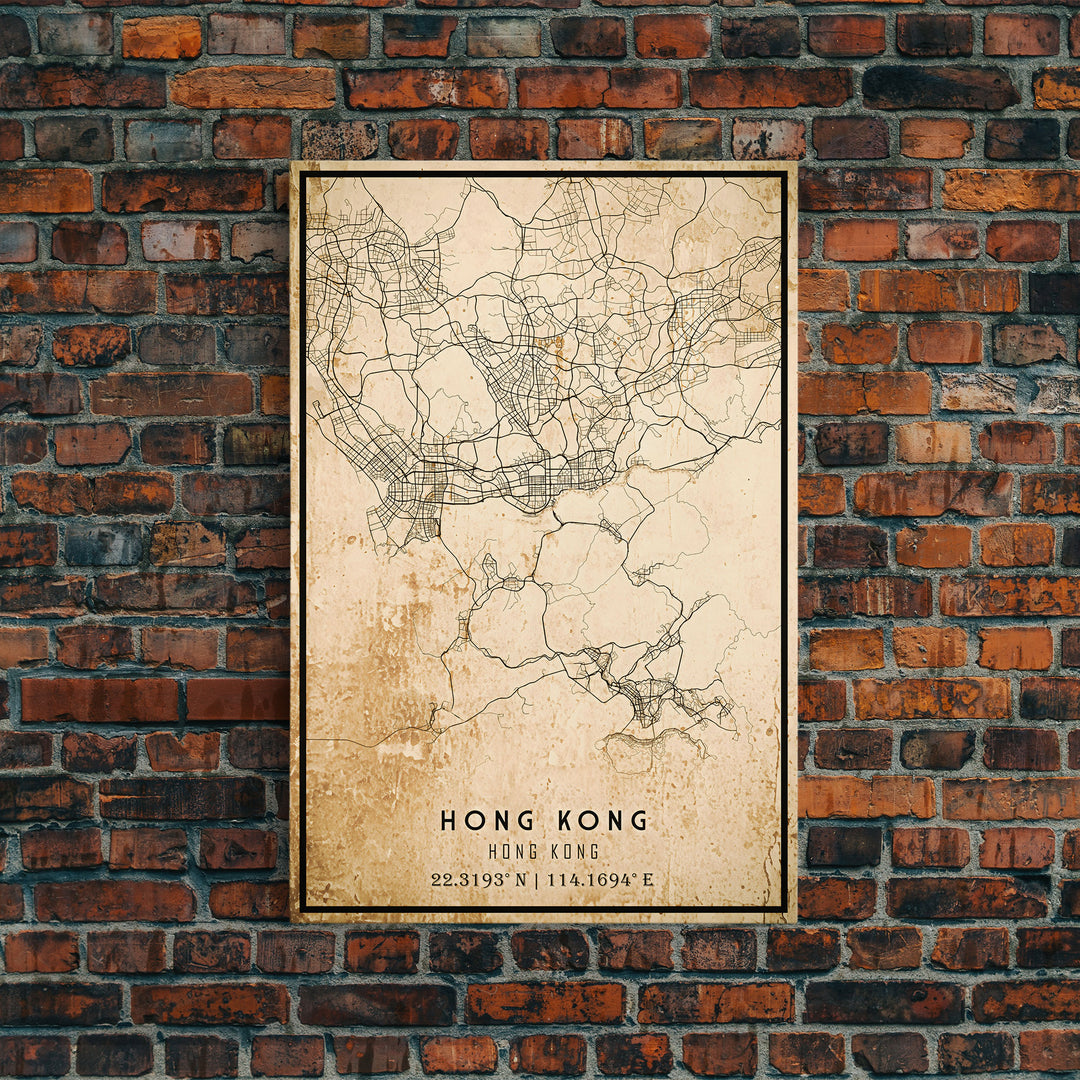 Vintage Hong Kong City Map Wall Art Canvas Print, Distressed Hong Kong Map, Framed Wall Art, Cool Hong Kong Travel Wall Art, Office Art