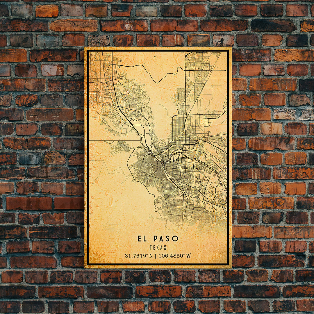 El Paso Texas Vintage Map Print, El Paso Map, Texas Map Art, El Paso City Road Map Poste, Vintage Gift Map, Travel Vacation Art, Rustic Map