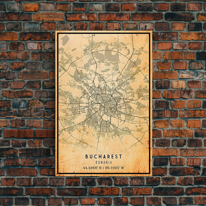 Vintage Style Bucharest City Map Wall Art Canvas Print, Distressed Bucharest Map, Framed Wall Art, Cool RomaniaTravel Wall Art, Office Art