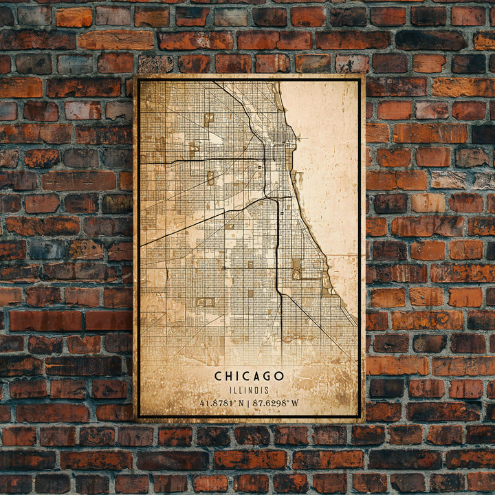 Distressed Chicago map print poster or framed canvas, Illinois road map print poster canvas, Chicago city map print poster canvas