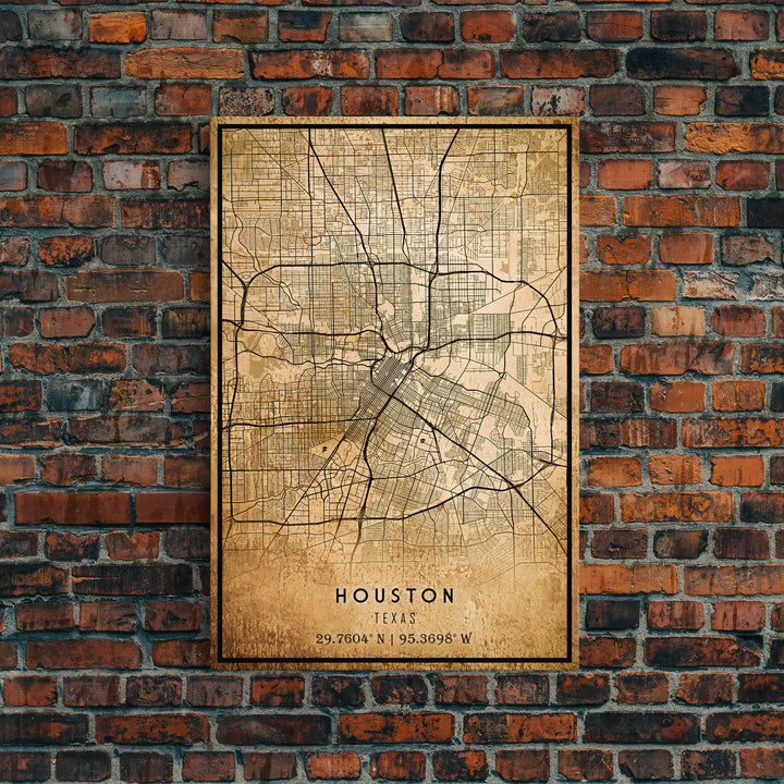 Houston Vintage Map Print, Framed Canvas, Houston Map, Texas Map Art, Houston City Road Map Poster, Vintage Map