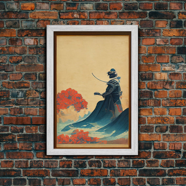 Samurai and Japanese Maple Tree Portrait, Framed Canvas Print, Ready To Hang Framed Wall Art