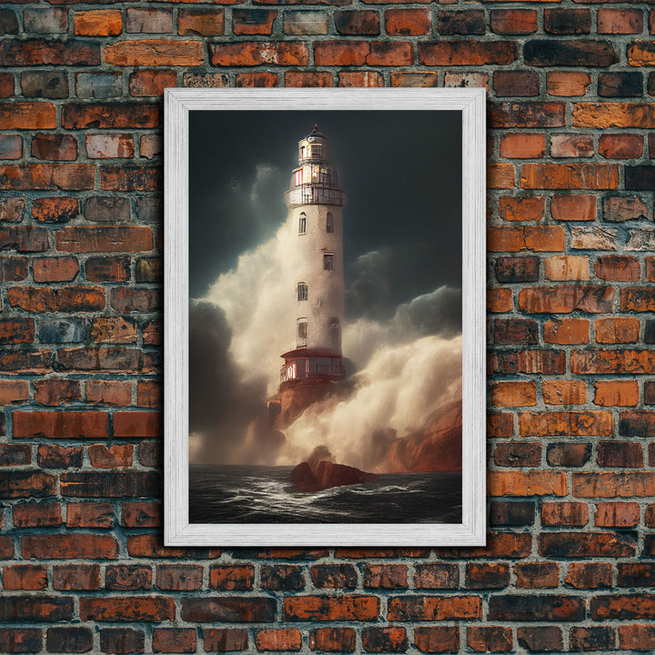 Lighthouse In A Hurricane, Storm Art, Framed Canvas Print, Ready To Hang Framed Wall Art, Living Room Wall Hanging