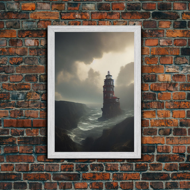 Lighthouse Protecting the Cliffs, Framed Canvas Print, Ready To Hang Framed Wall Art, Living Room Wall Hanging