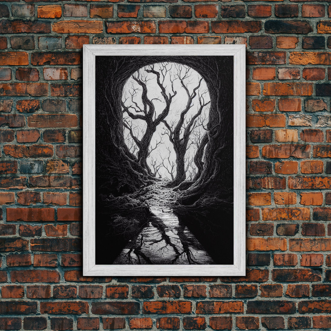 Spooky Haunted Halloween Forest, Black and White Art, Framed Canvas Print, Ready To Hang Framed Wall Art, Living Room Wall Hanging