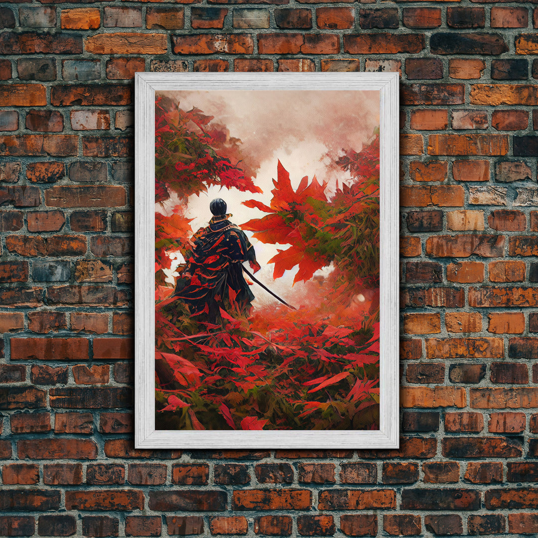 Samurai In a Japanese Maple Forest, Framed Canvas Print, Ready To Hang Framed Wall Art, Living Room Wall Hanging