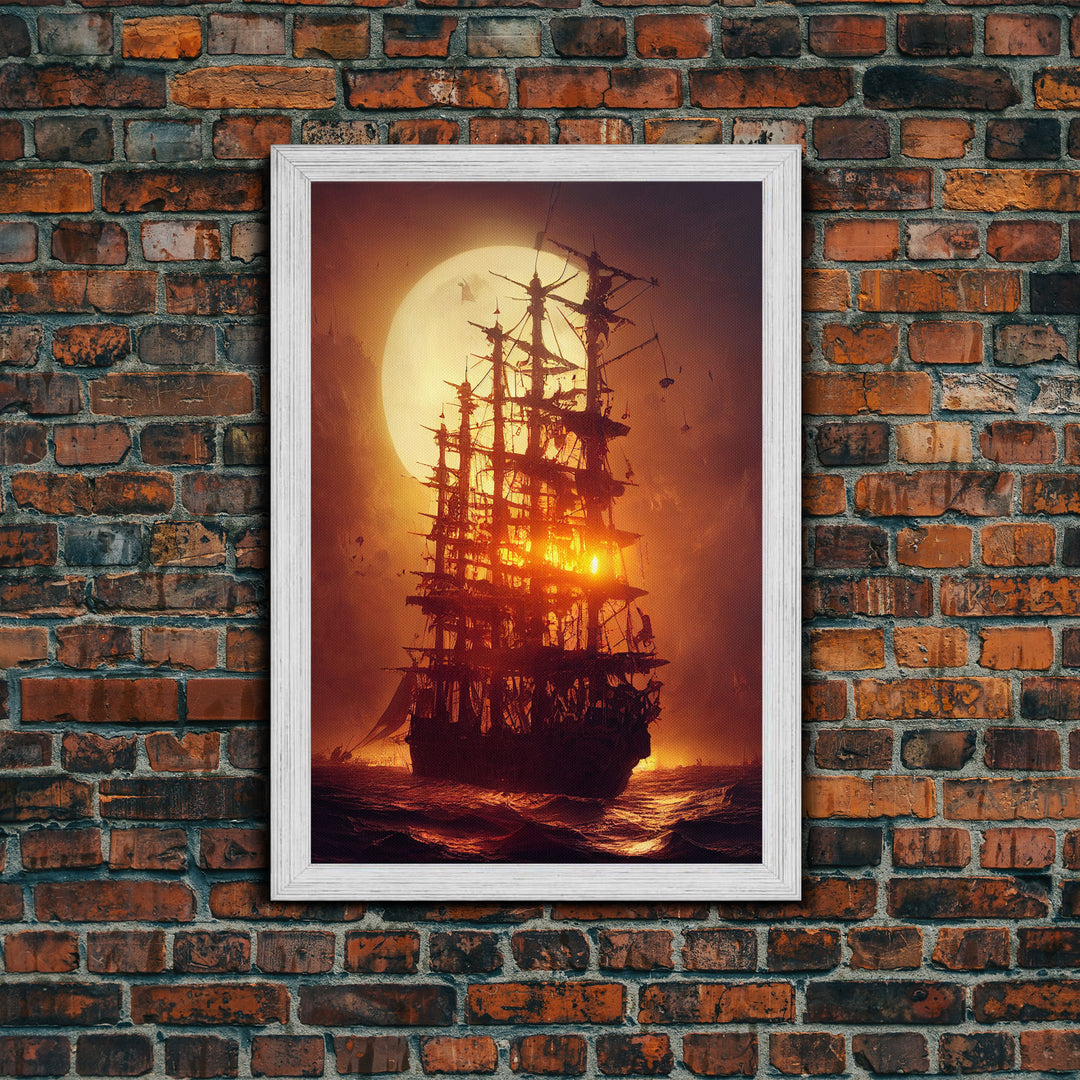 Ghost Ship and Full Moon, Spooky Pirate Ship Art, Framed Canvas Print, Ready To Hang Framed Wall Art, Living Room Wall Hanging