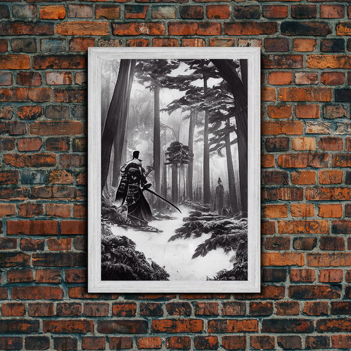 The Duel, Samurai Facing Off In The Forest, Black And White Art Framed Canvas Print, Ready To Hang Framed Wall Art, Living Room Wall Hanging