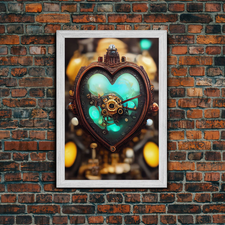 Steampunk Heart, Turquoise Crystal Heart, Framed Canvas Print, Ready To Hang Framed Wall Art, Living Room Wall Hanging