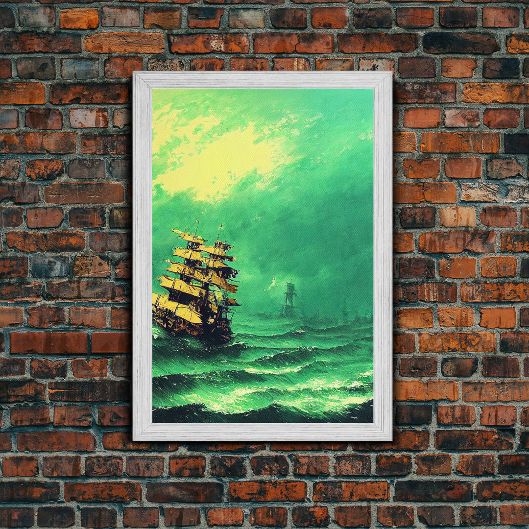 Watercolor of a Pirateship, Ghost Ship Art, Framed Canvas Print, Ready To Hang Framed Wall Art, Living Room Wall Hanging