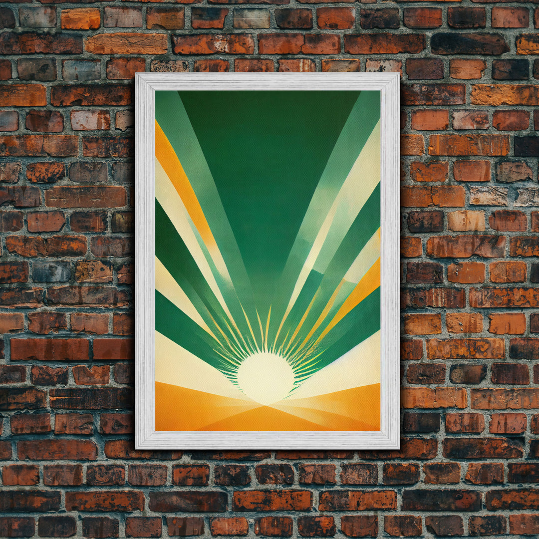 Emerald Green Sun Burst, Art Deco Style, Framed Canvas Print, Ready To Hang Framed Wall Art, Living Room Wall Hanging