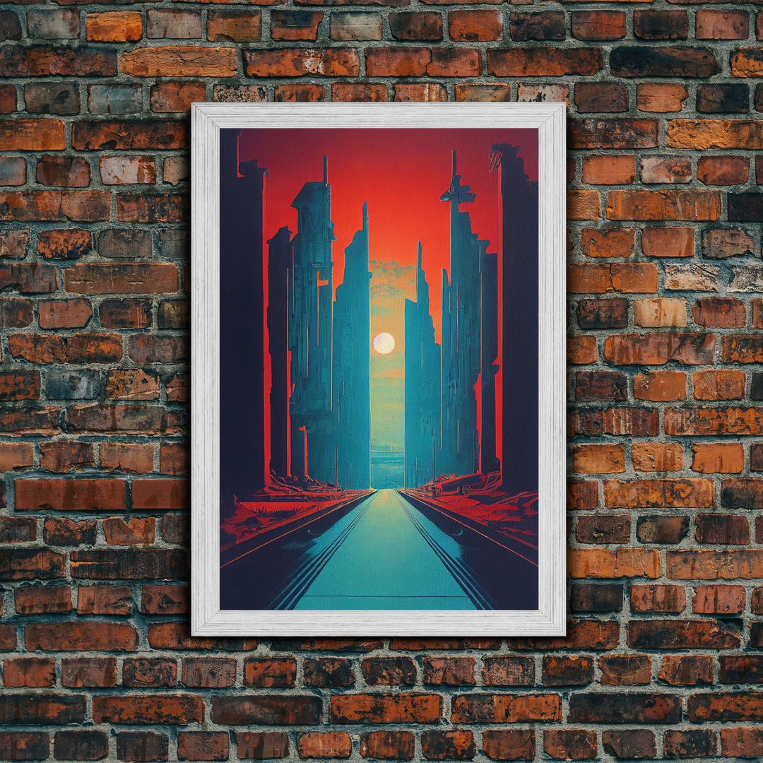 Brutalist Art Deco Dystopian City Art, Framed Canvas Print, Ready To Hang Framed Wall Art, Living Room Wall Decor