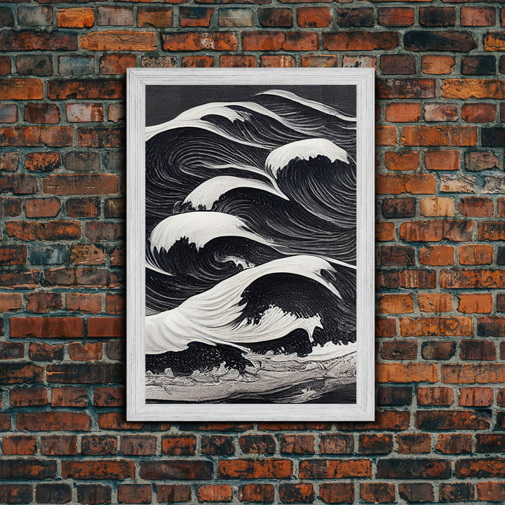 Black and White Tidal Waves, Japanese Style Art, Framed Canvas Print, Ready To Hang Framed Wall Art, Living Room Wall Decor