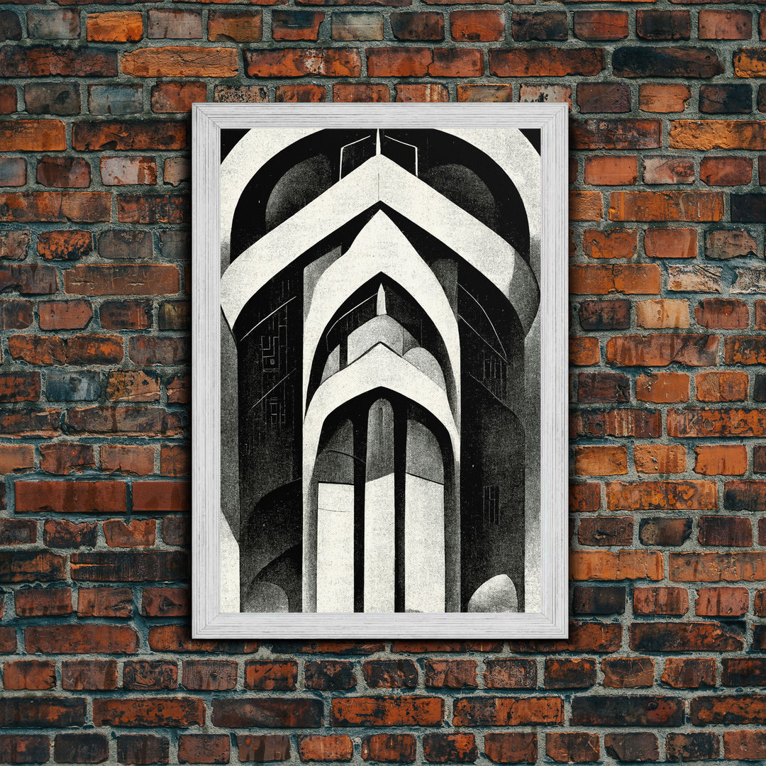 Black And White Art Print, Art Deco Architecture, Framed Canvas Print, Ready To Hang Framed Wall Art, Living Room Wall Hanging