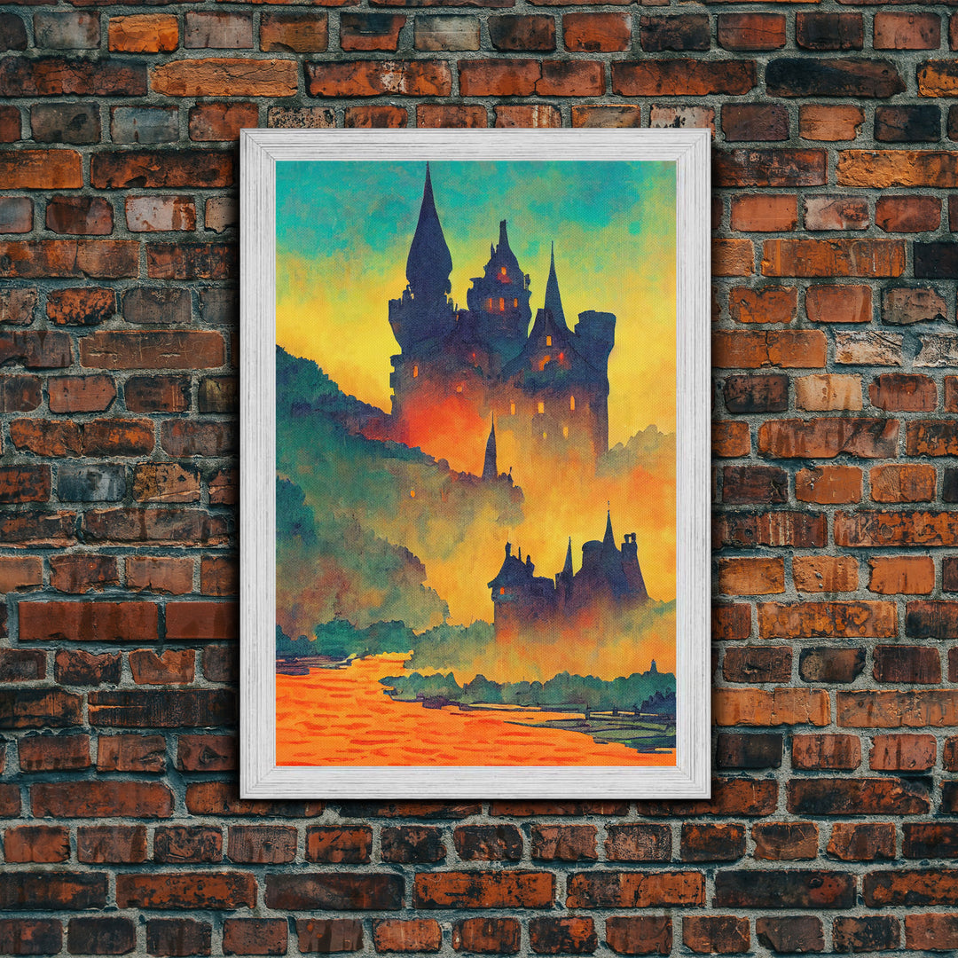 Watercolor Painting of A Transylvania Castle, Framed Canvas Print, Ready To Hang Framed Wall Art, Living Room Wall Hanging