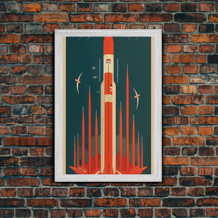 Art Deco Space Travel Poster Art, Framed Canvas Print, Ready To Hang Framed Wall Art, Living Room Wall Hanging