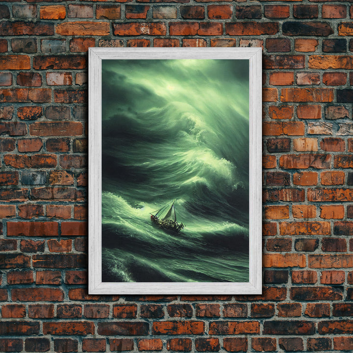 Sailboat in a hurricane, watercolor painting, framed canvas print, sailing in the eye of the storm