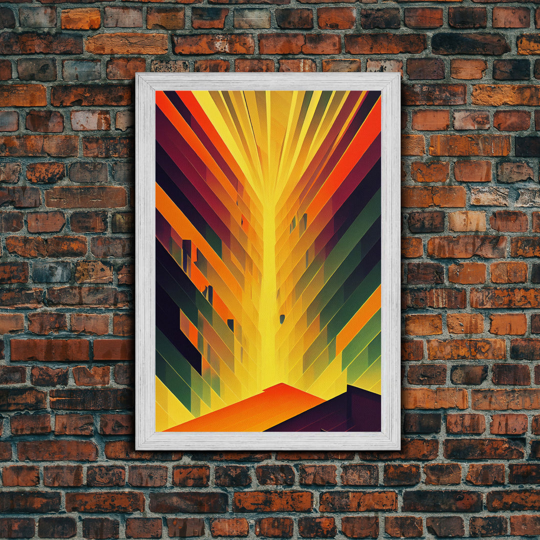 Unique art deco style abstract art, reflections of a sunset through stained glass, framed canvas print