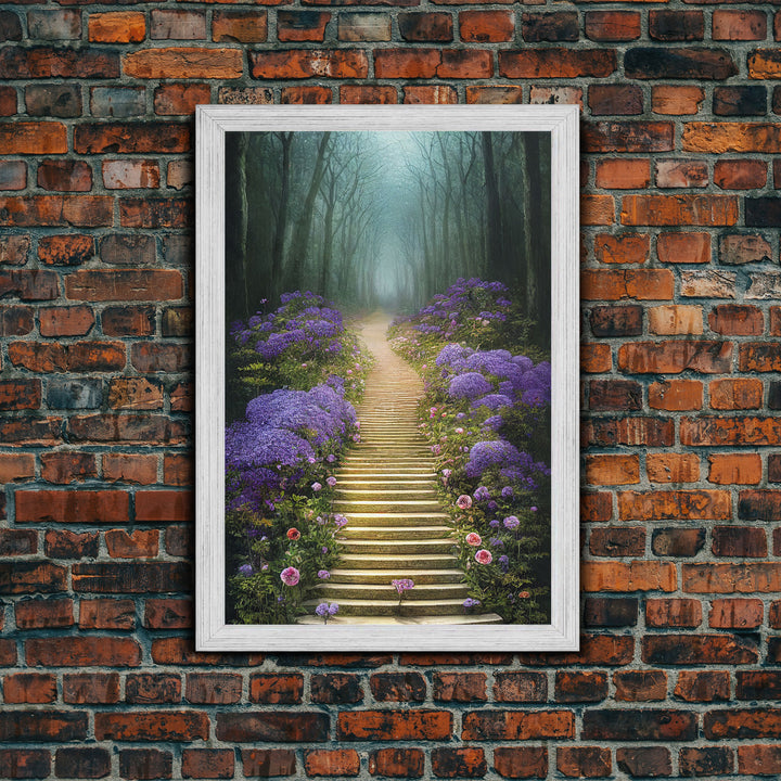 Lavender Lined Stairs Leading To The Haunted Forest, Fantasy Wall Art, framed canvas print, framed art