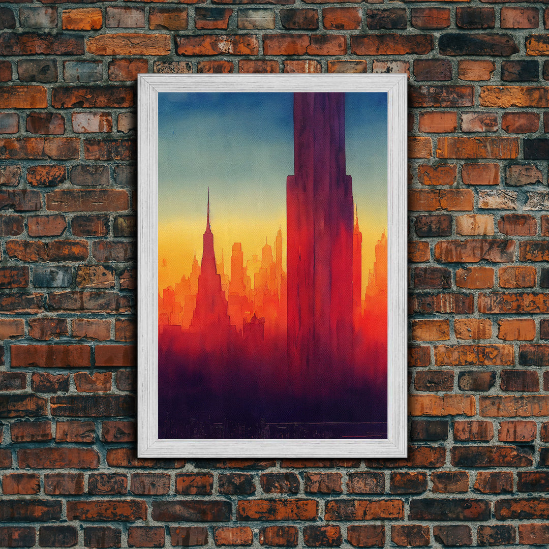 Chicago at sunset concept art, synthwave style, framed canvas print, ready to hang wall art with frame