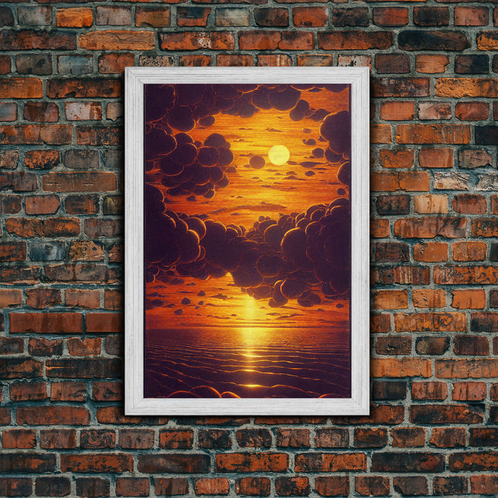 Orange Sunset, Psychedelic Sepia Sunset Art, Framed Canvas Print, Ready To Hang Framed Wall Art