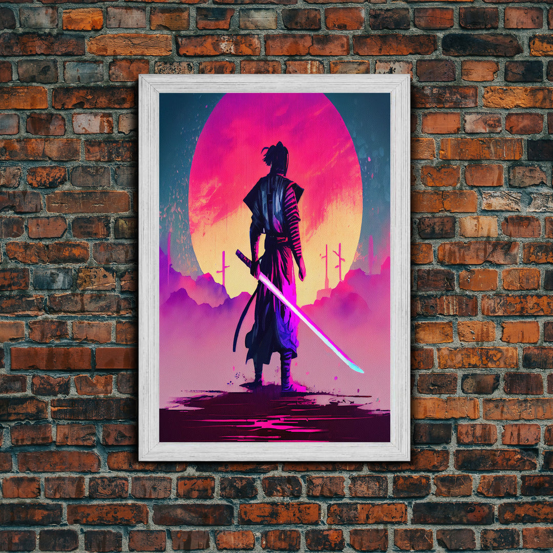 Synthwave Samurai, Cyberpunk Samurai Art, Framed Canvas Print, Ready To Hang Framed Wall Art