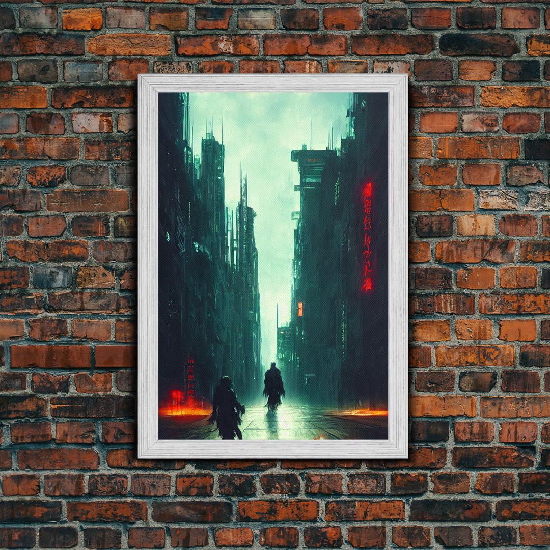 Cyberpunk Demon Art, Demon in the streets of Tokyo, Framed Canvas Print, Ready To Hang Framed Wall Art