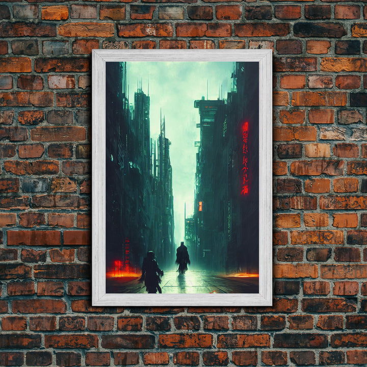 Cyberpunk Demon Art, Demon in the streets of Tokyo, Framed Canvas Print, Ready To Hang Framed Wall Art