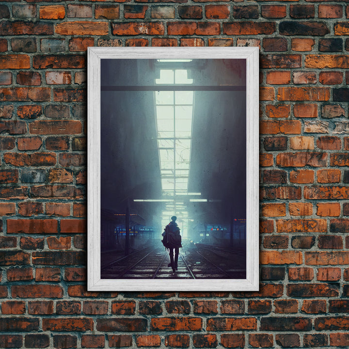 Cyberpunk Android In An Abandoned City, Dystopian Post Apocalyptic Art, Framed Canvas Print, Ready To Hang Framed Wall Art, Living Room