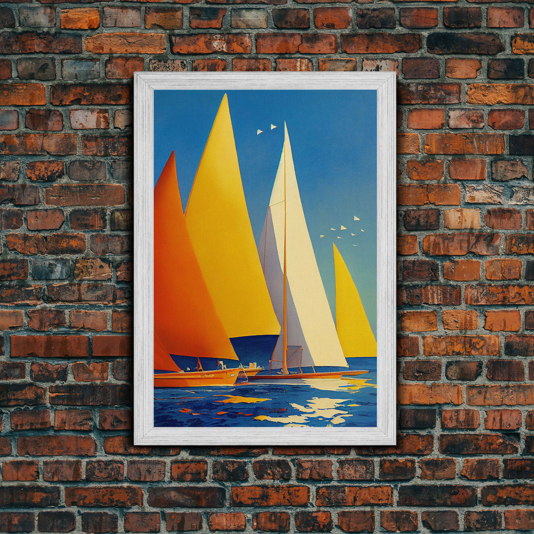 Golden Art Deco Sailboats in the Sun, Lakehouse Decor, Framed Canvas Print, Ready To Hang Framed Wall Art, Living Room Decor