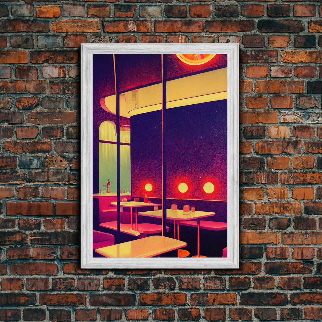 Retro 50s style diner art, vintage style, outrun style art, Framed Canvas Print, Ready To Hang Framed Wall Art, Living Room Wall Hanging