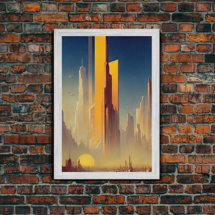 Huge Cyberpunk Desert Metropolis, Video game concept art, Framed Canvas Print, Ready To Hang Framed Wall Art, Living Room Decor