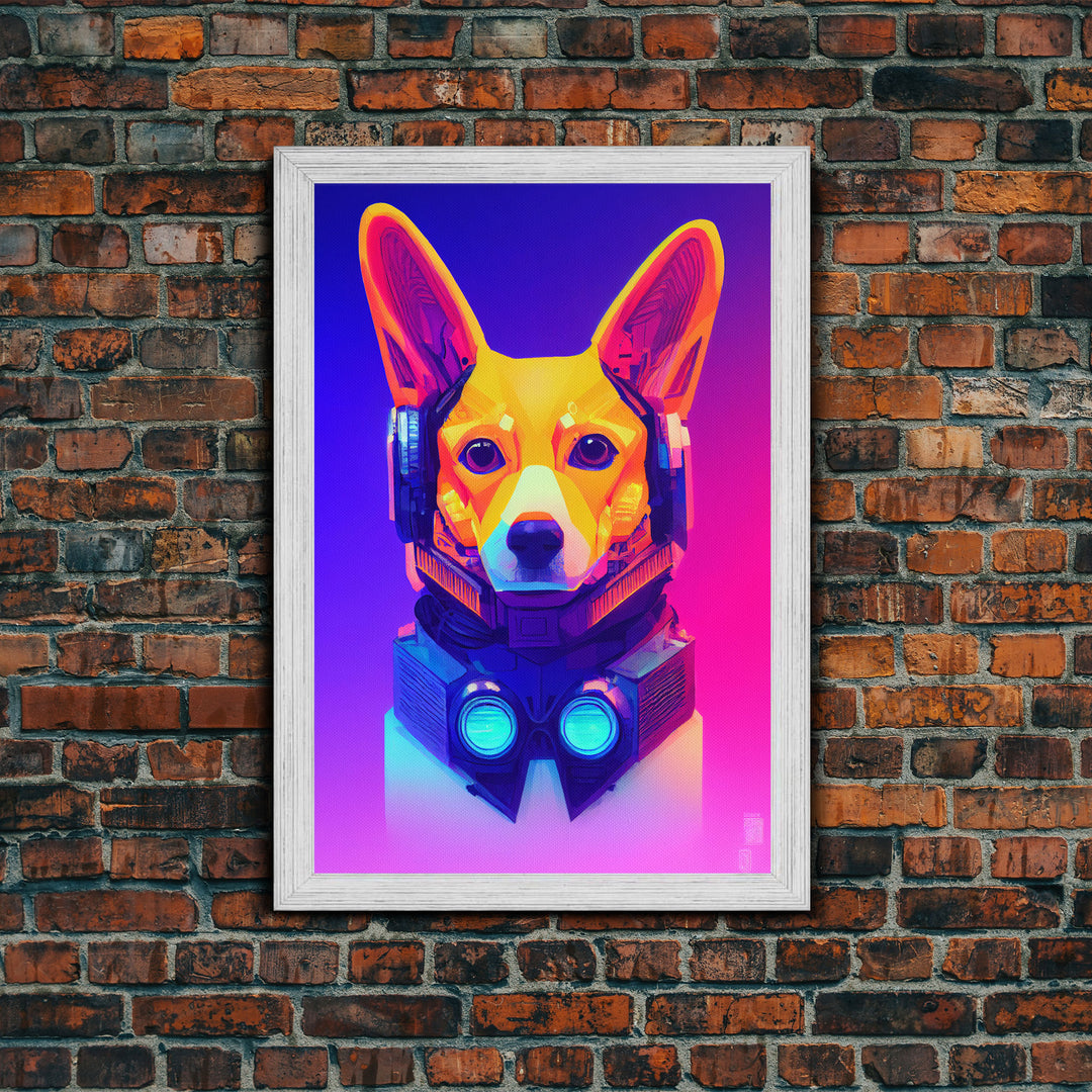 Cyberpunk Corgi Portrait, Futuristic Corgi, Framed Canvas Print, Ready To Hang Framed Wall Art, Living Room Wall Hanging