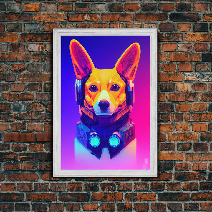 Cyberpunk Corgi Portrait, Futuristic Corgi, Framed Canvas Print, Ready To Hang Framed Wall Art, Living Room Wall Hanging