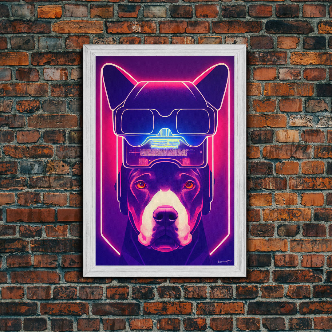 Cyberpunk Pitbull Portrait, Futuristic Dog Portrait, Framed Canvas Print, Ready To Hang Framed Wall Art, Living Room Wall Hanging